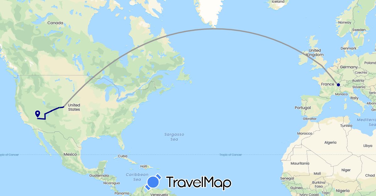 TravelMap itinerary: driving, bus, plane in Switzerland, United Kingdom, United States (Europe, North America)